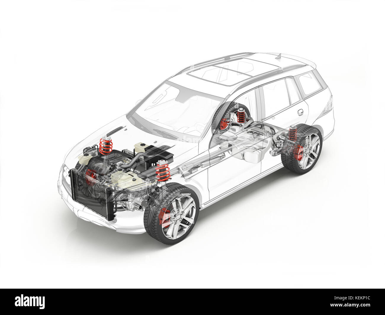 Suv car technical cutaway, cross section showing engine, radiator, fuel tank, transmission, suspensions and wheels. Stock Photo