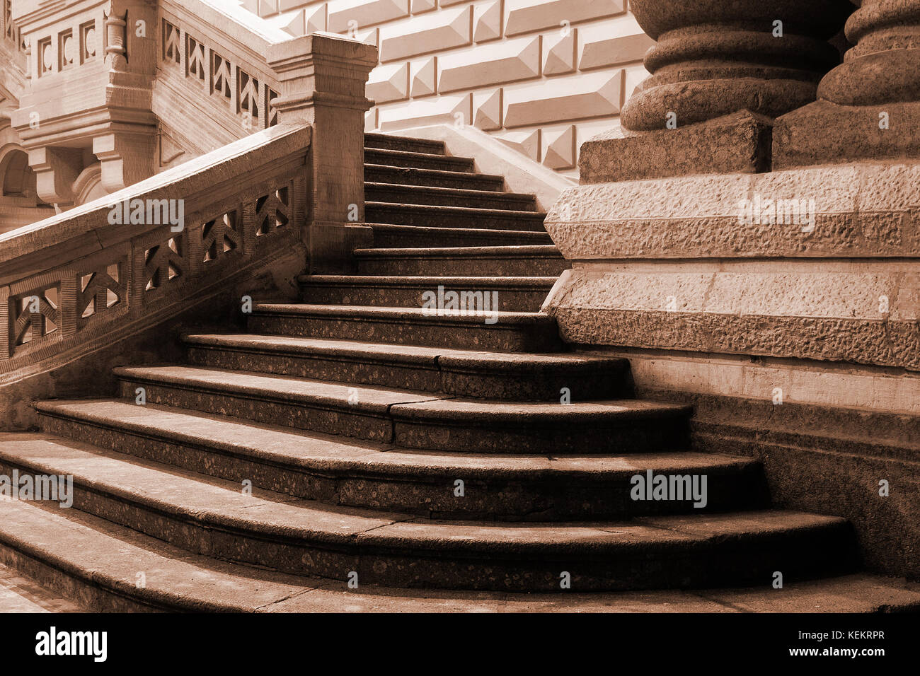 Entrance in an old architecture historic public buildind with granite staircase and columns. Stock Photo