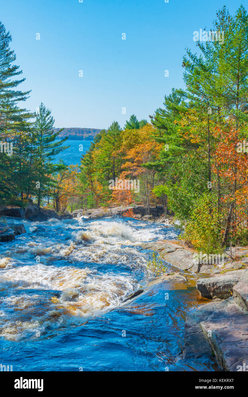 Lower Rosseau Falls in the District of Muskoka Ontario Canada photographed in autumn. Stock Photo