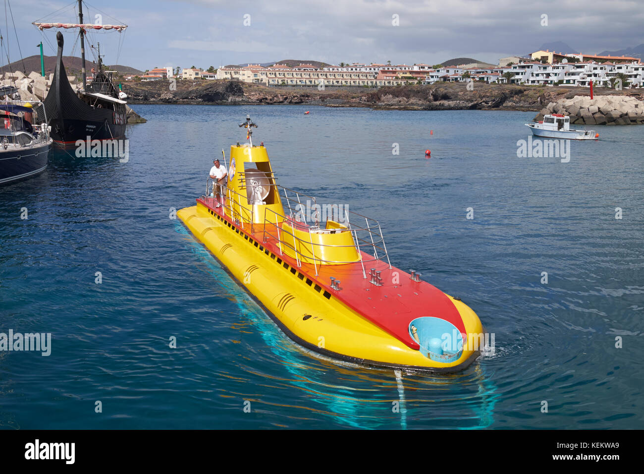 Submarine Safaris' submarine 'Sub Fun Cinco' at Marina San Miguel, (Marina Amarilla) Tenerife, Canary Islands, Spain. Stock Photo
