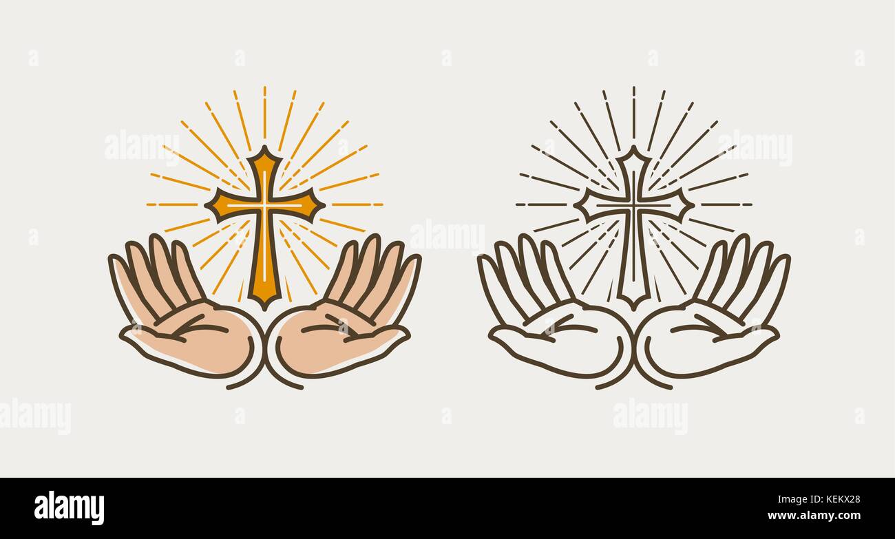 Hands and cross, crucifixion. God, bible, religion, faith, church, pray symbol or icon. Vector illustration Stock Vector