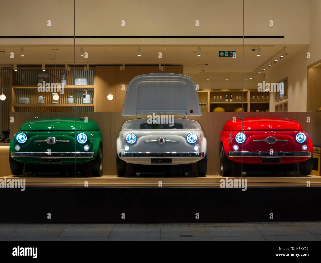 Three Fiat 500 fridges in a SMEG showroom in London Stock Photo