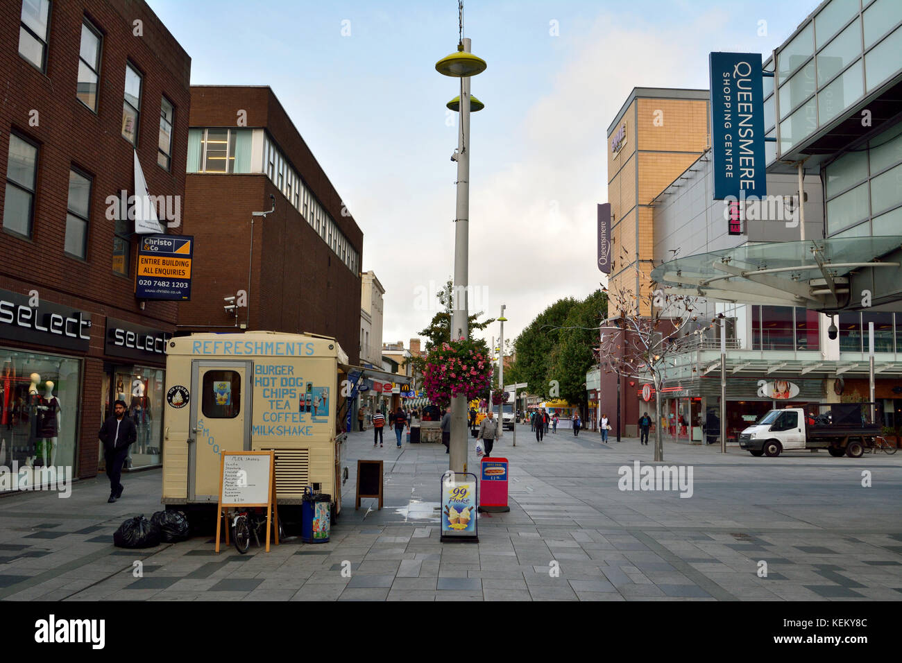 Slough, United Kingdom - September 7, 2017. View of High Street in Slough, with historic buildings, commercial properties. Stock Photo
