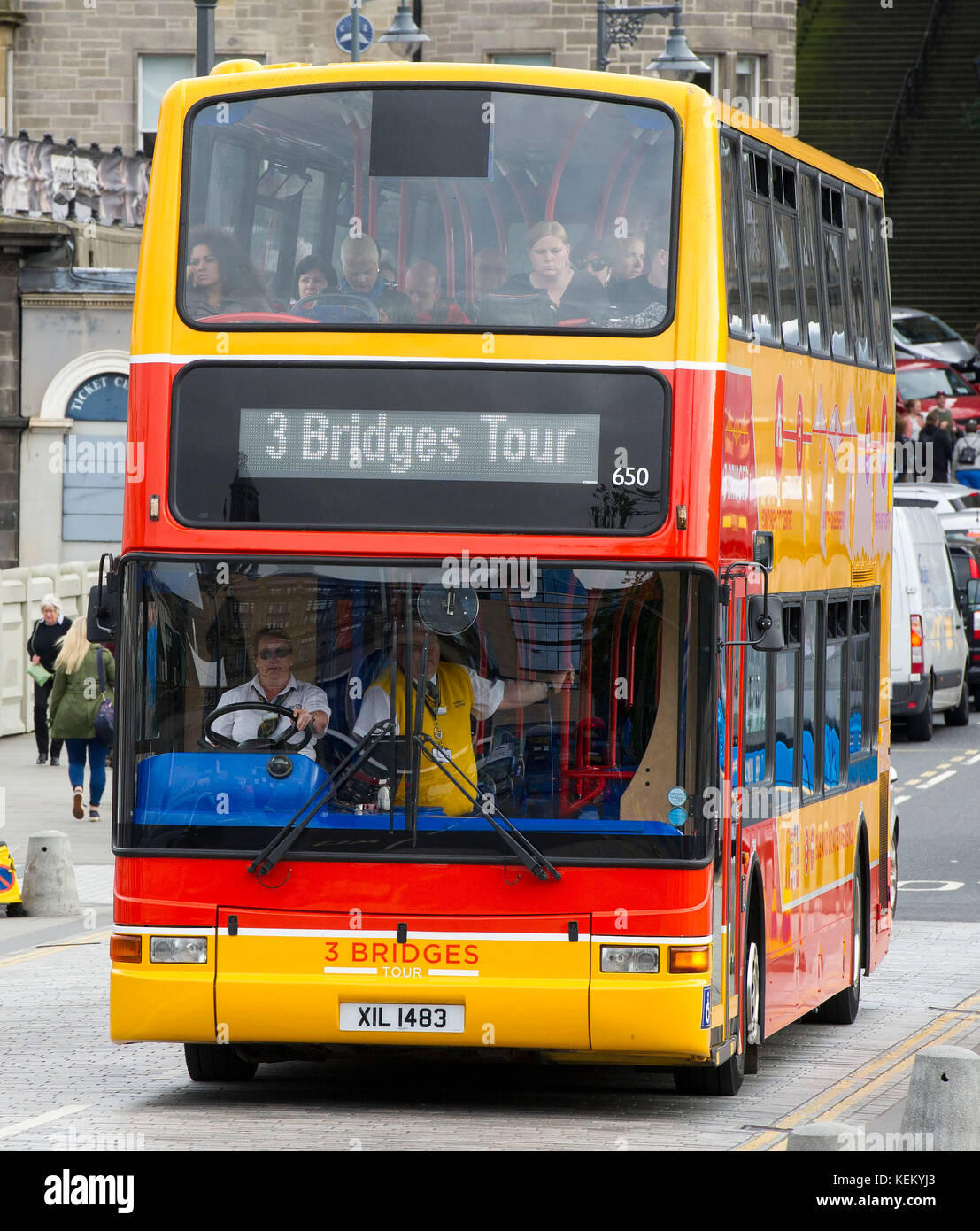 Three Bridges double decker tourist bus arrives at Waverley Bridge in Edinburgh. The new tourist route takes passengers to see the the Forth Bridges. Stock Photo