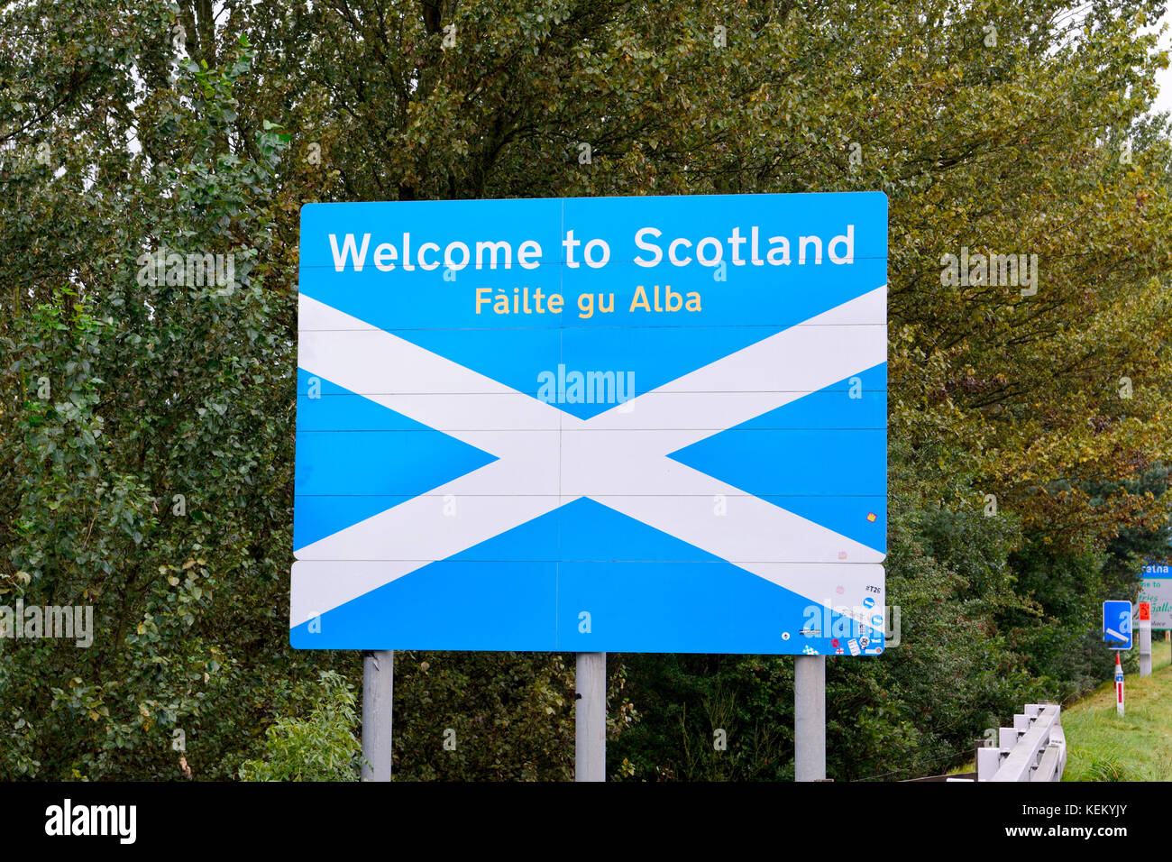 Gretna, United Kingdom - September 7, 2017. Welcome to Scotland road sign on the border between England and Scotland. Stock Photo