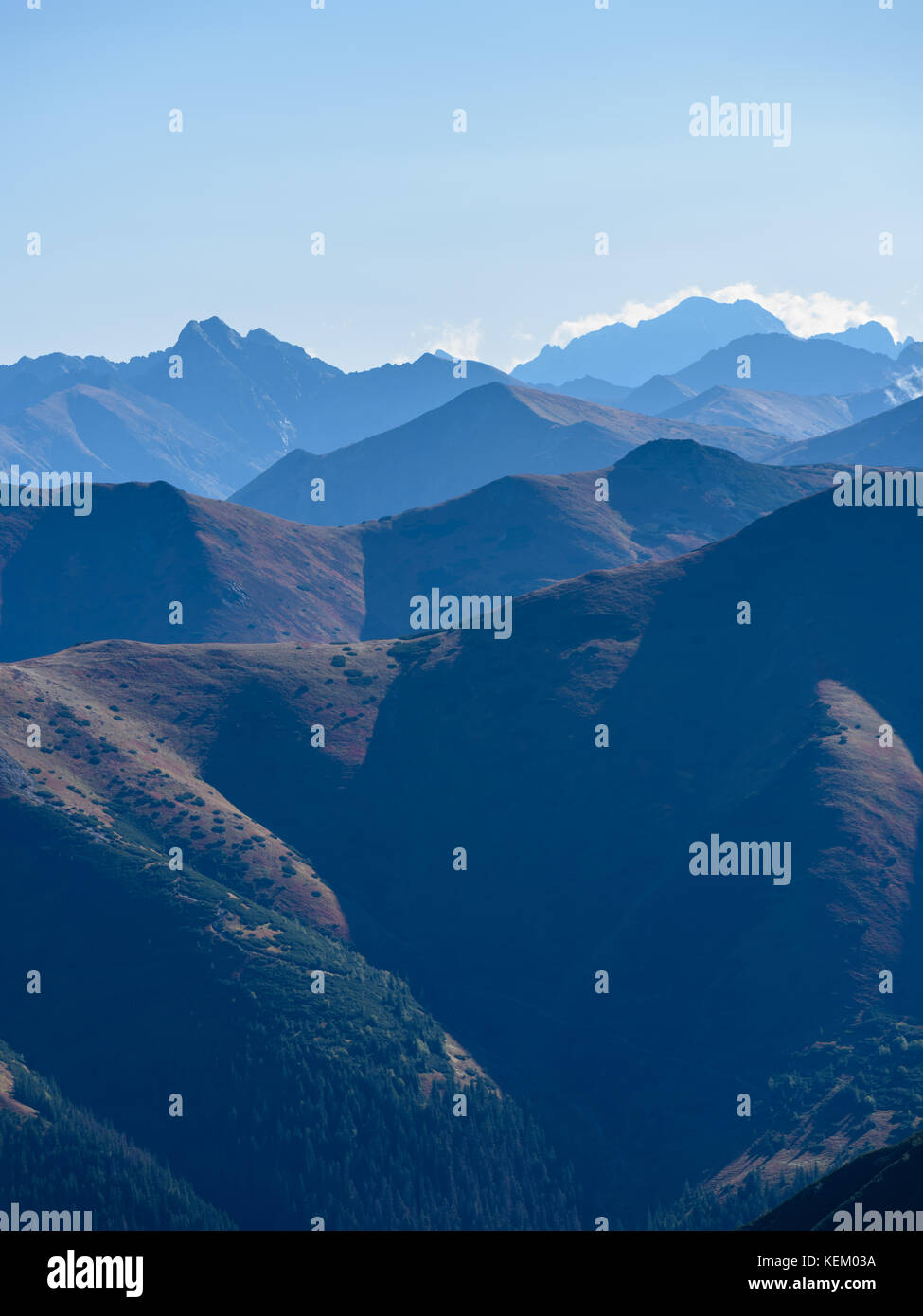 Tatra mountain peak view in Slovakia in sunny day. blue perspective on ...