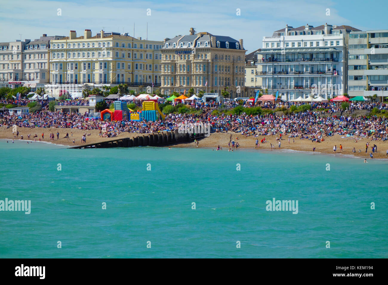 Eastbourne Beach view from Eastbourne Pier, during heatwave and Airshow day. Stock Photo
