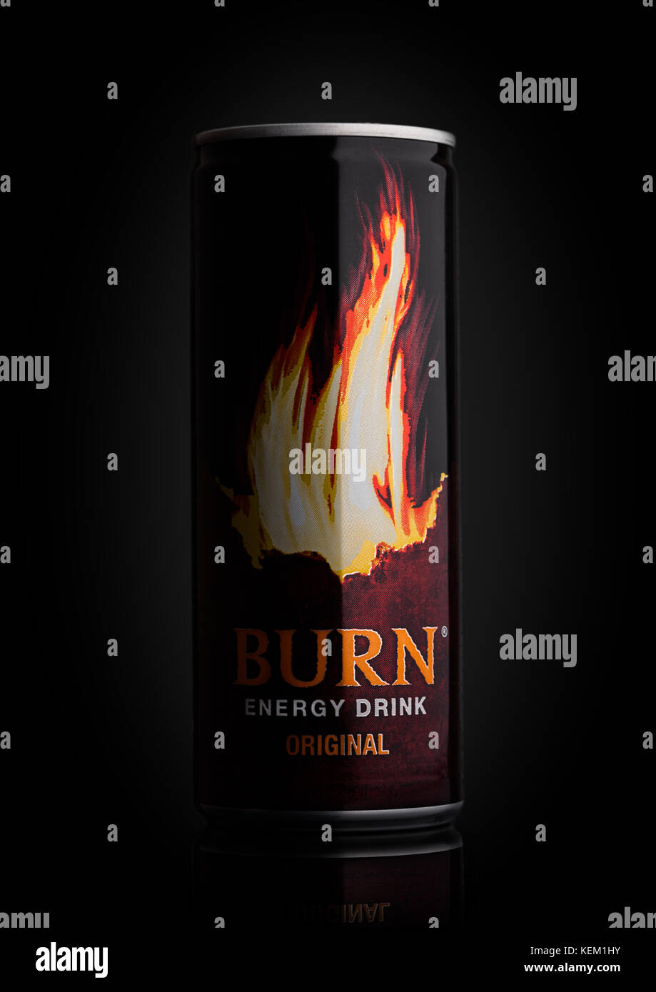 LONDON, UK OCTOBER 20, 2017 Can of Burn Energy Drink Original on