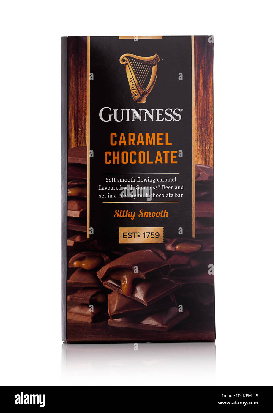 LONDON, UK - OCTOBER 20, 2017: Caramel Chocolate bar of Guinness original beer on white background. Guinness beer has been produced since 1759 in Dubl Stock Photo