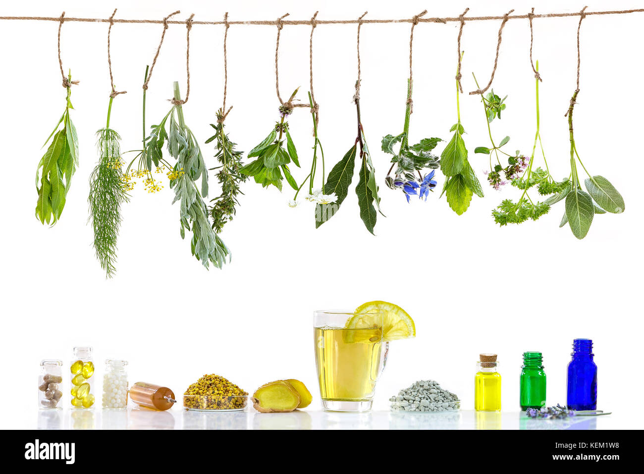 Various ingrdient s . Preparing medicinal plants for phytotherapyand healthbeauty alternative medicine promotion on old wall Stock Photo