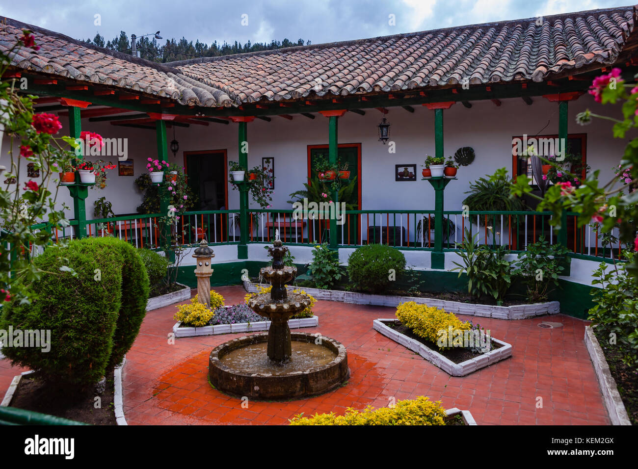 Nemocón, Colombia - Spanish Colonial Architecture: Inner Courtyard In The Cundinamarca Department of the South American Country. Afternoon Sunlight. Stock Photo