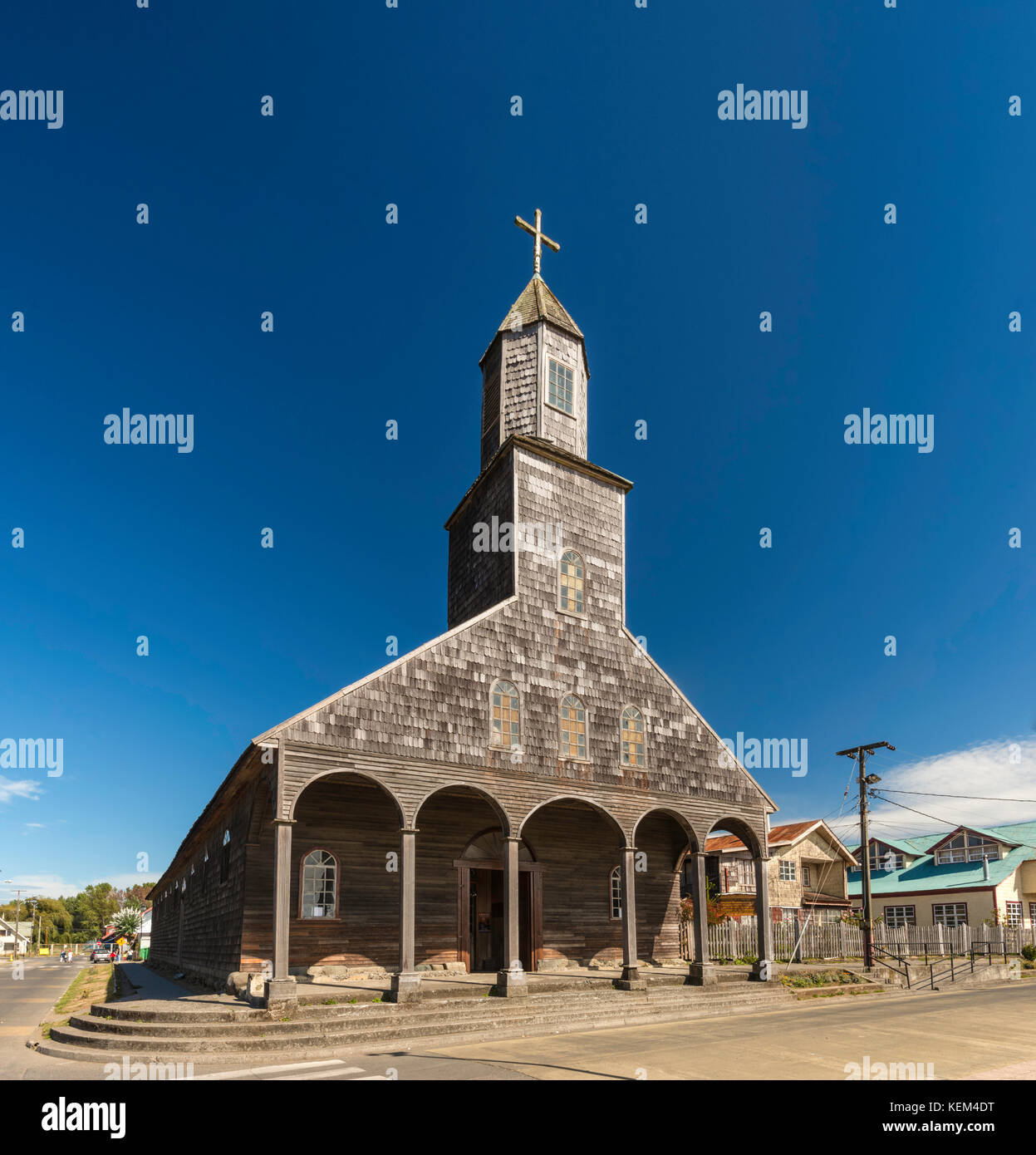 Iglesia Santa Maria de Loreto, clapboard church built in 1740, in town of Achao at Isla Quinchao, Chiloe Archipelago, Patagonia, Chile Stock Photo