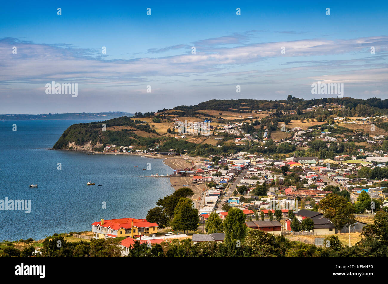 Town of Achao at Isla Quinchao, Chiloe Archipelago, Los Lagos Region, Patagonia, Chile Stock Photo