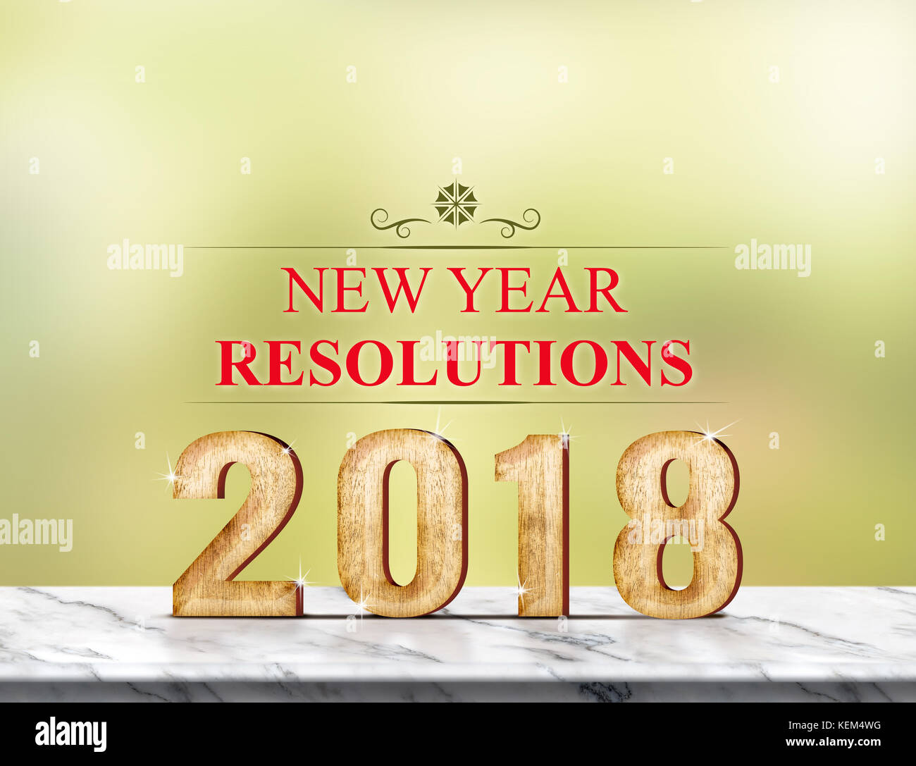 New year resolution 2018 (3d rendering) on marble table at green abstract background,holiday greeting card Stock Photo