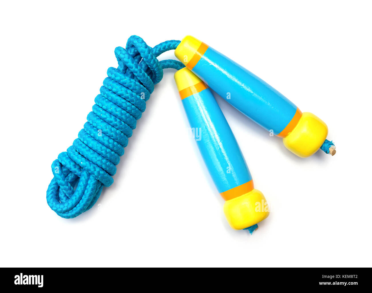 blue skipping rope with wooden handles on white background Stock Photo