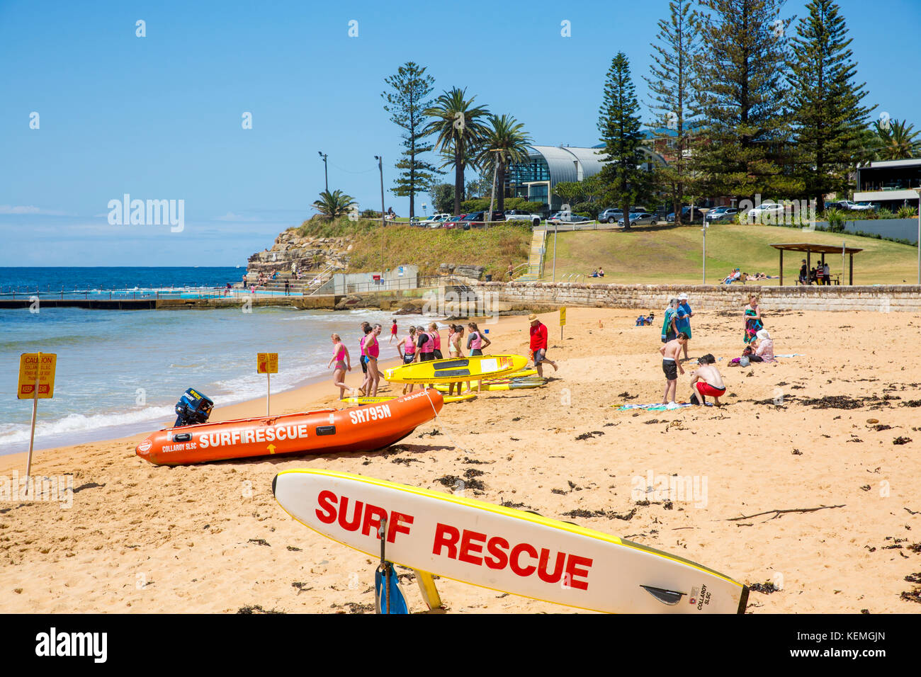 Surf rescue equipment and lifesavers on Sydney Collaroy beach on the