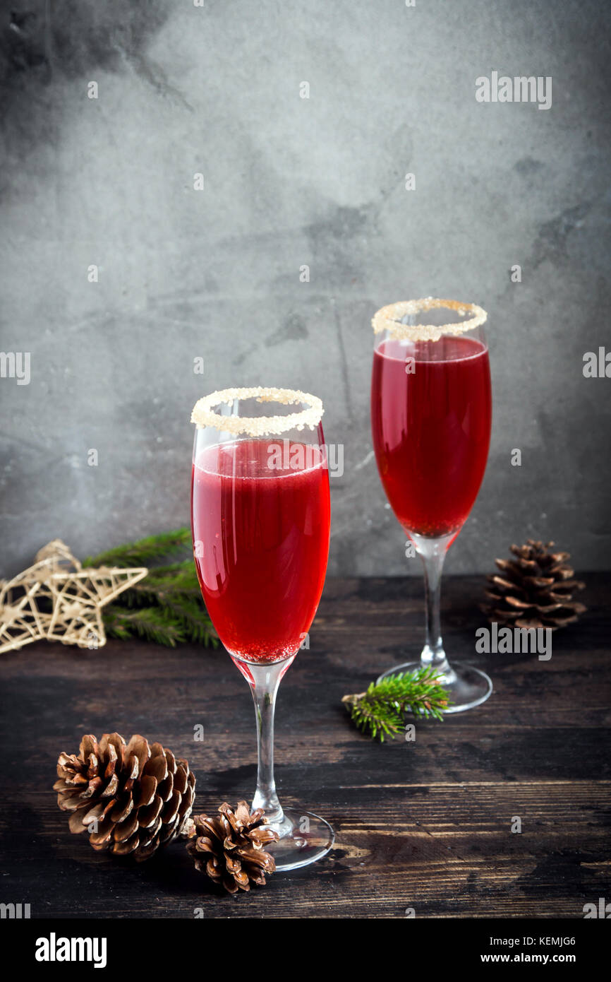 Mimosa Festive Drink For Christmas Champagne Red Cocktail Mimosa With Cranberry For Christmas Party Copy Space Stock Photo Alamy