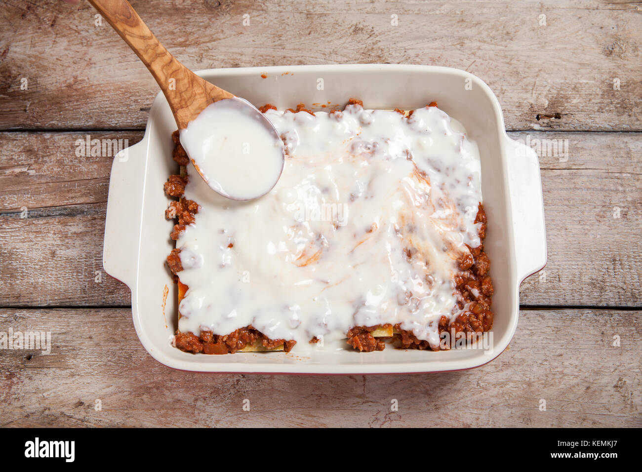 Making Lasagna Bolognese with beef, tomato at kitchen Stock Photo