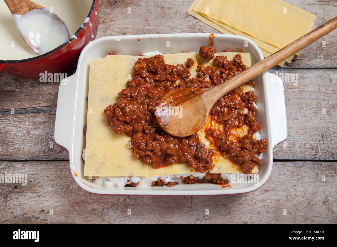 Making Lasagna Bolognese with beef, tomato at kitchen Stock Photo