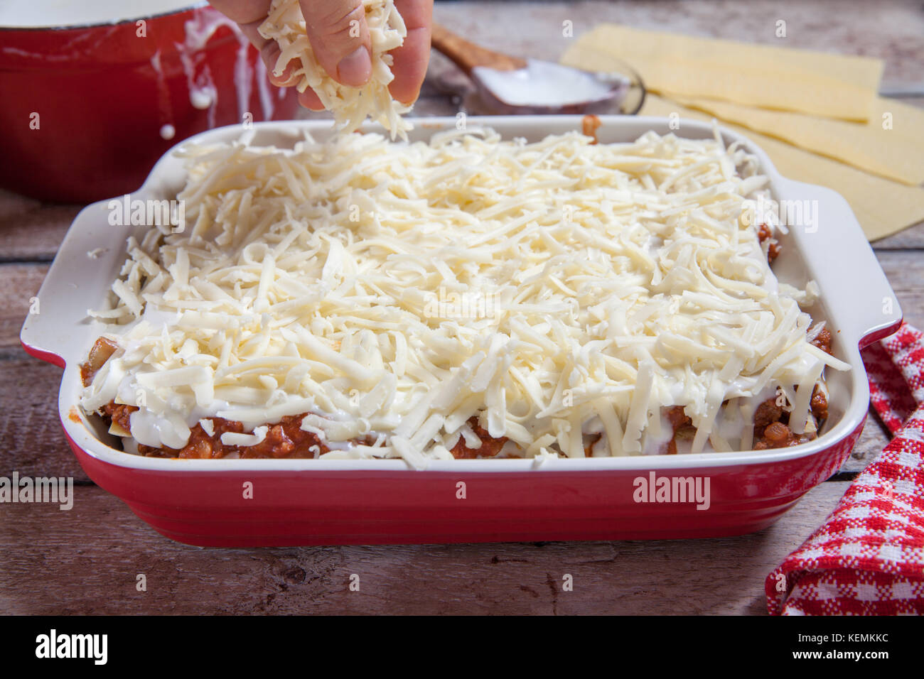 Making Lasagna Bolognese with beef, tomato at kitchen Stock Photo