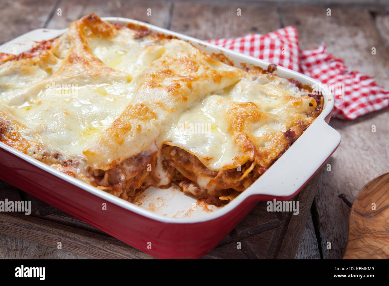 Making Lasagna Bolognese with beef, tomato at kitchen Stock Photo