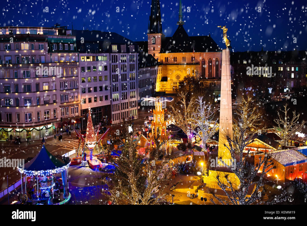 Christmas fair in Luxemburg. Aerial view of traditional Xmas market in