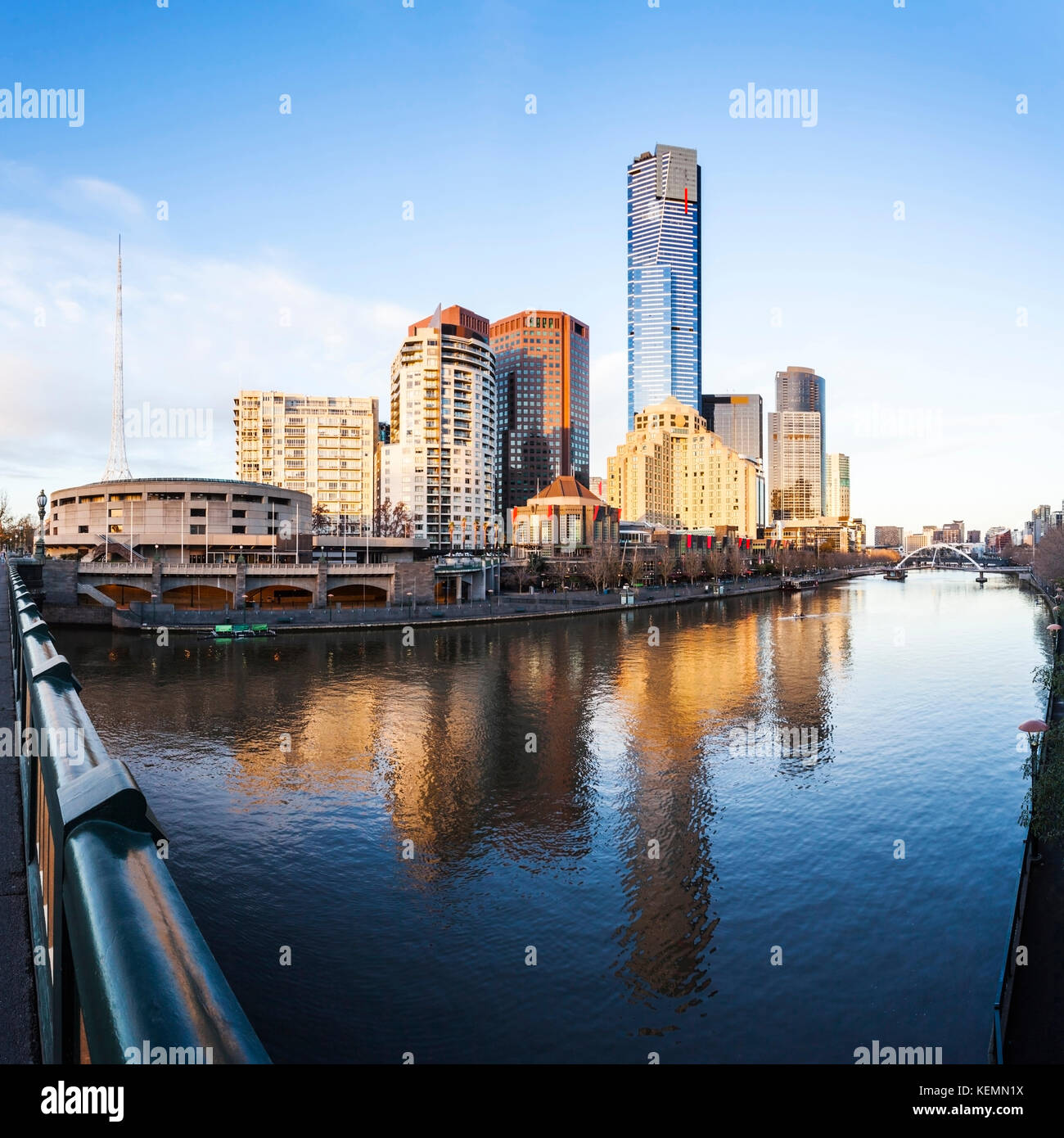 Southbank reflected in the Yarra River in early morning from Princes Bridge, Melbourne, Australia. Stock Photo