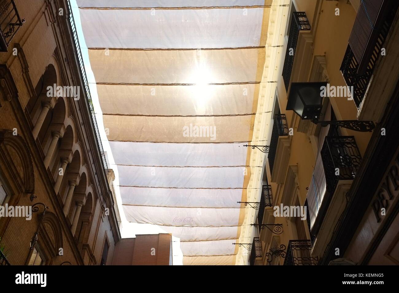 The sun shines through a canopy in central Seville/Sevilla, Andalucia, Spain, September 2017 Stock Photo