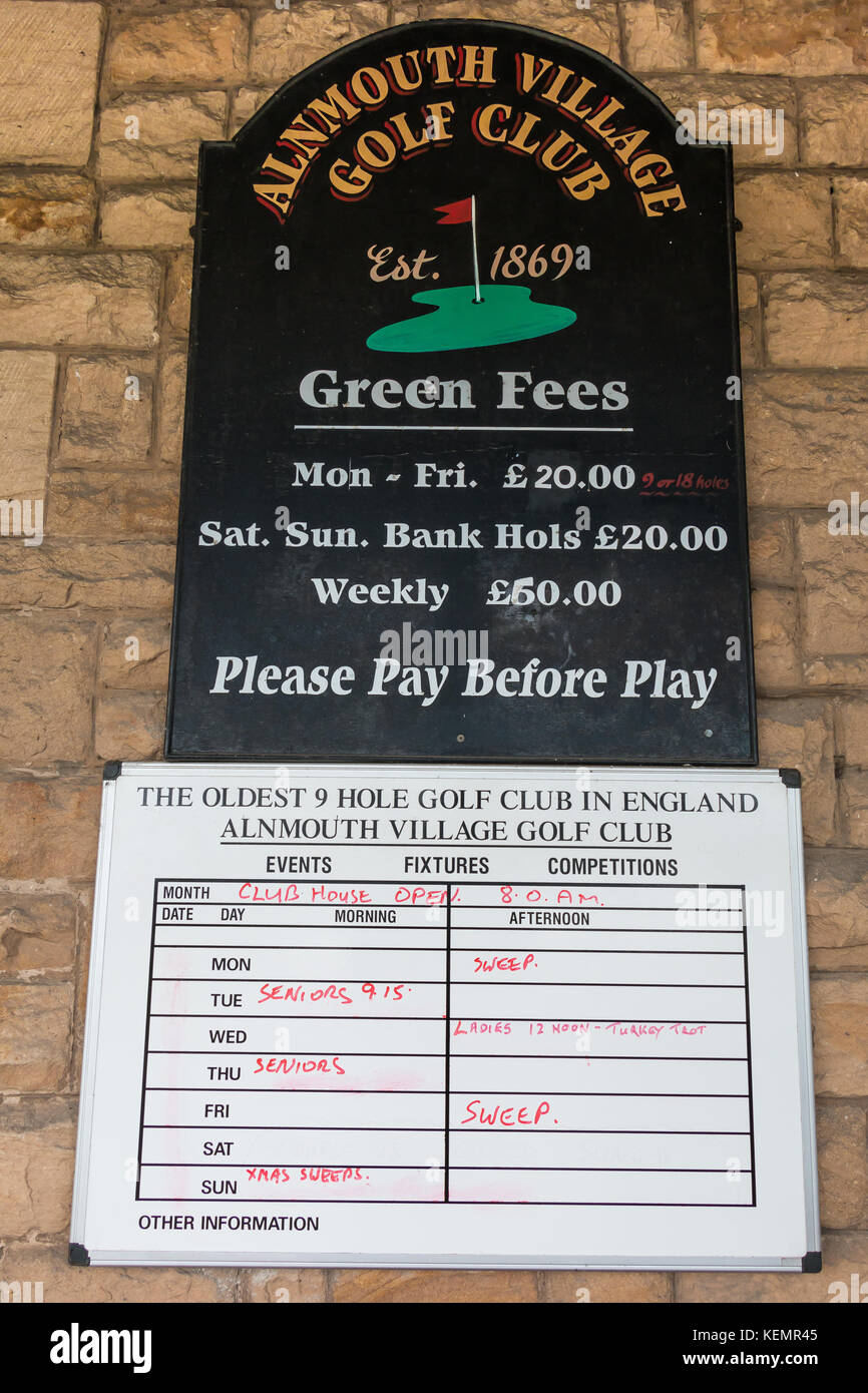Alnmouth Village Golf Club signs showing green fees and separate