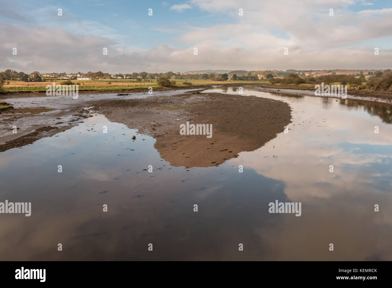View of the river Aln estuary at low tide on a late autumn afternoon, taken from the Duchess bridge, Alnmouth, Northumberland.with copy space Stock Photo