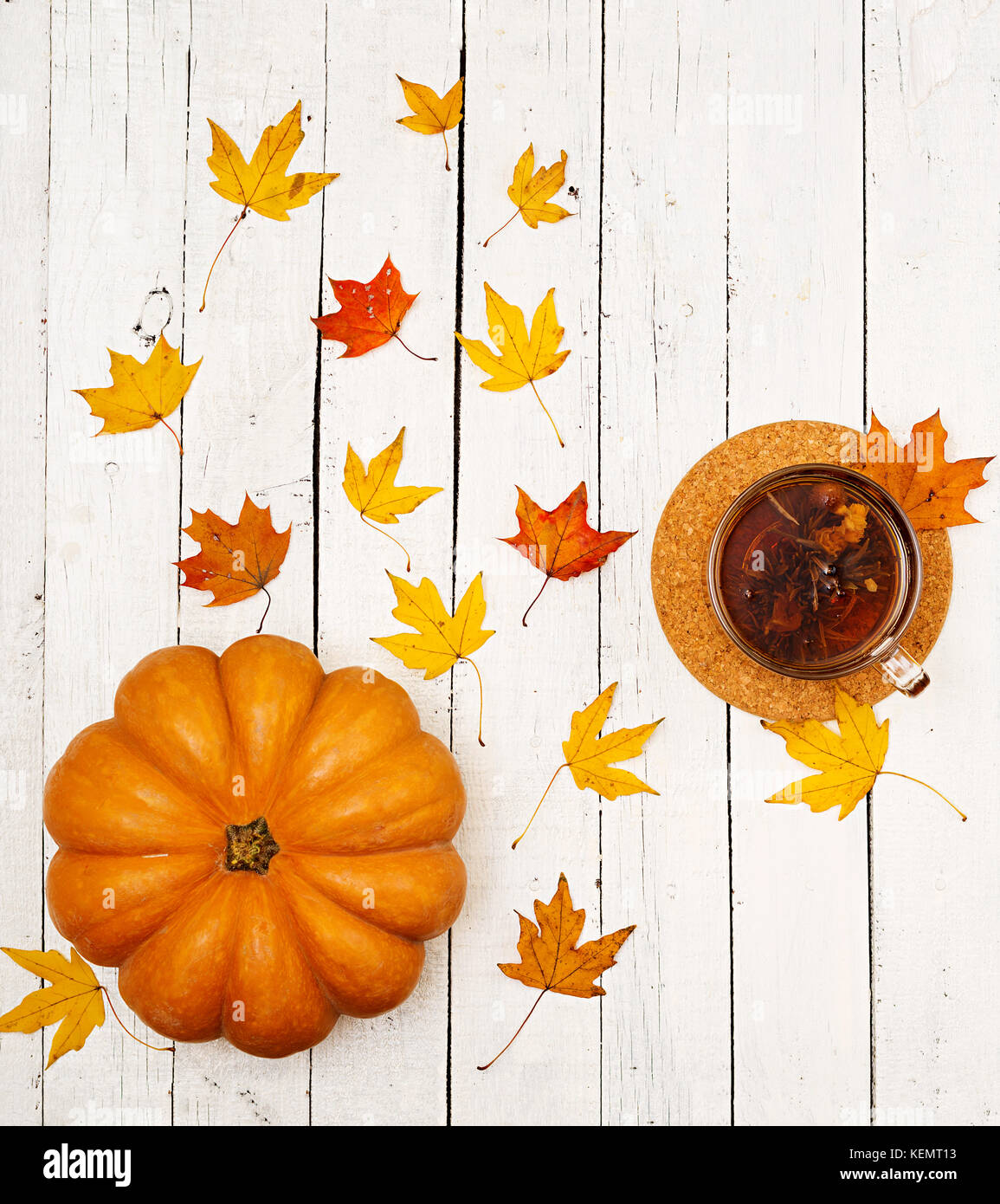 Thanksgiving background: Pumpkins and fallen leaves on white wooden ...