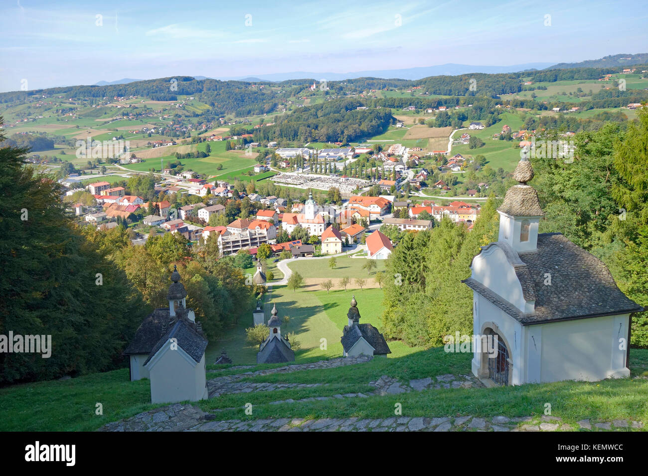 Šmarje pri Jelšah, Štajerska, Slovenia. View over Calvary from St. Rok hill. Stock Photo