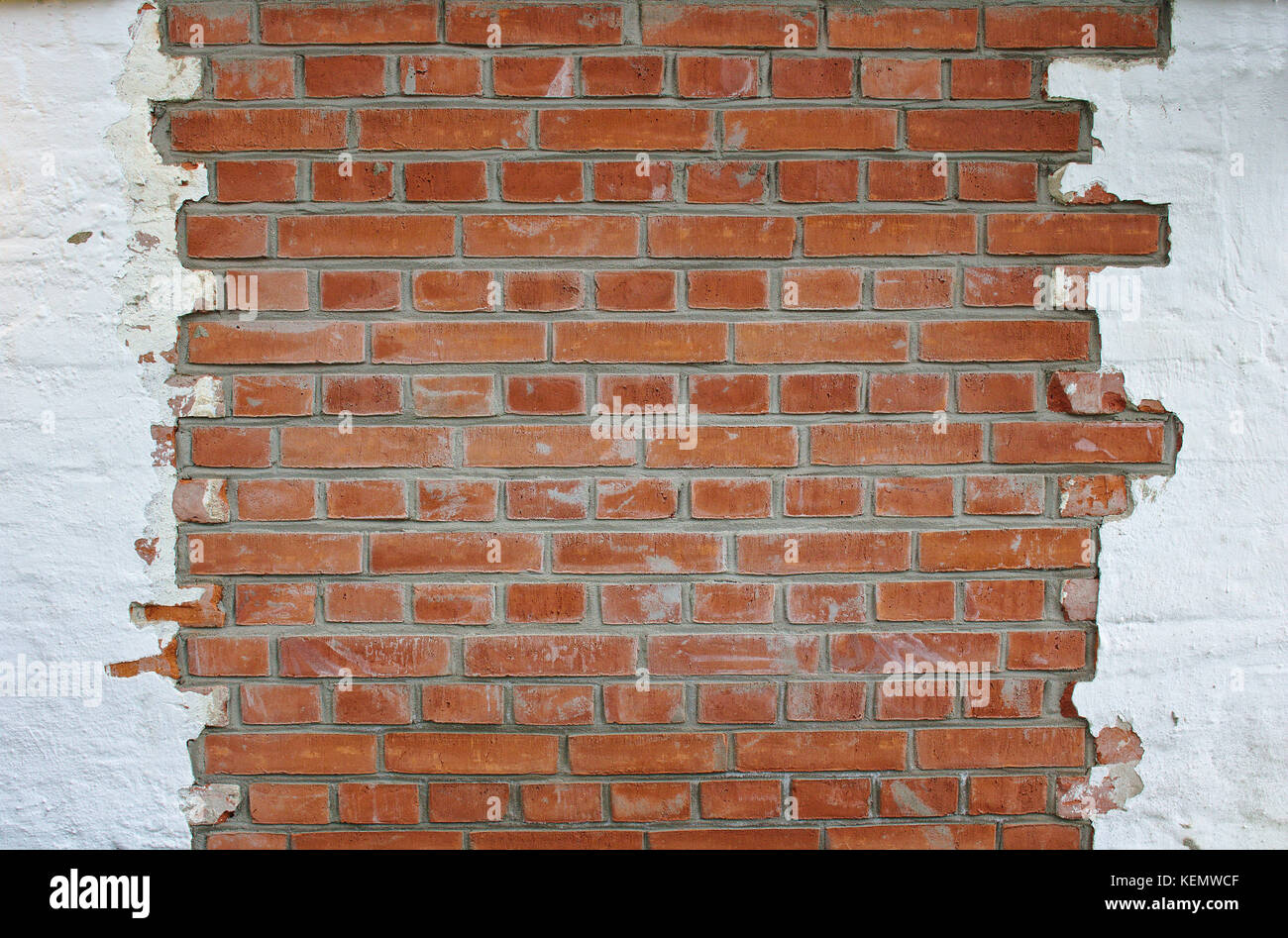 Whitewashed brick wall with the plaster partly removed, exposing the