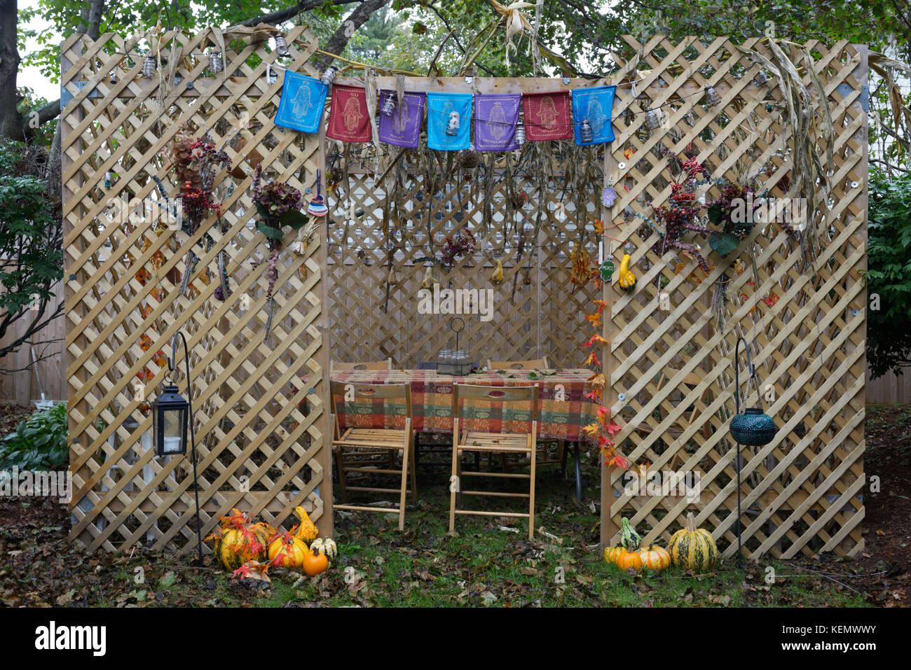 Jewish sukkah, a temporary structure for gathering in during the autumn harvest festival Sukkot Stock Photo