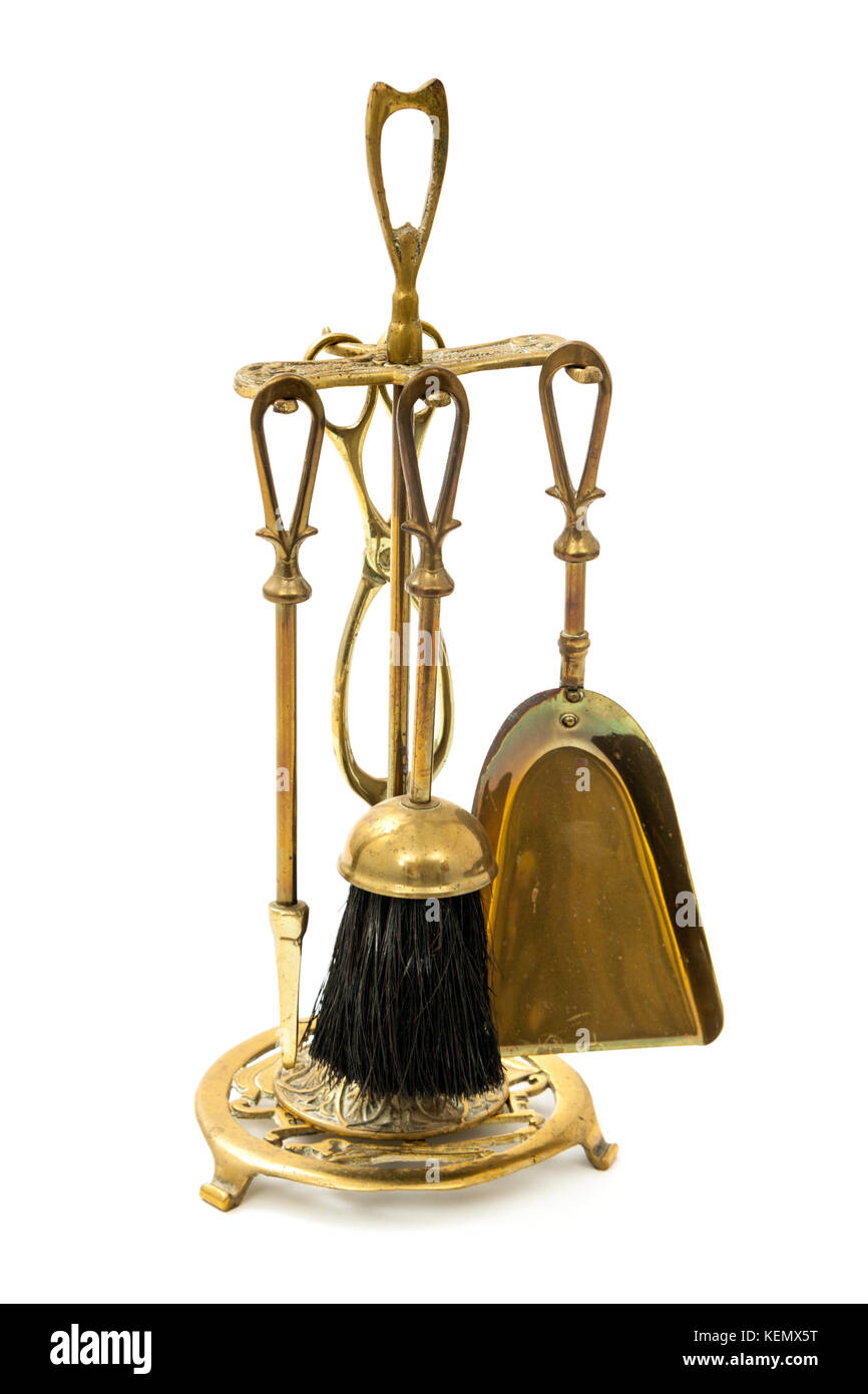 Vintage brass fireside companion set by Ouzledale Foundry (Esse Stoves), Barnoldswick, Lancashire, UK to celebrate the 50th anniversary of the foundry Stock Photo