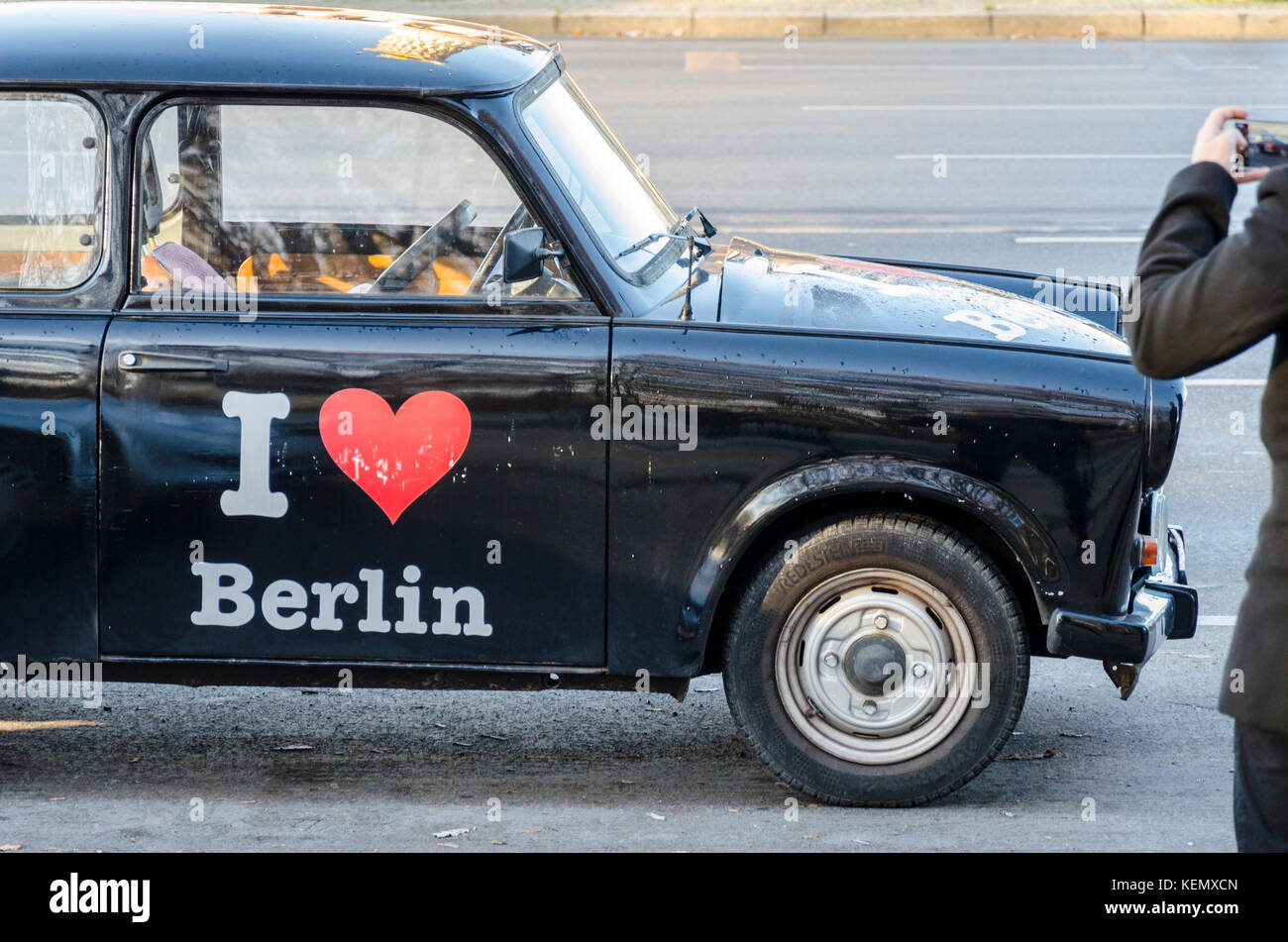 I love Berlin on the side of a traditional Trabant car used for tours in Berlin, Germany Stock