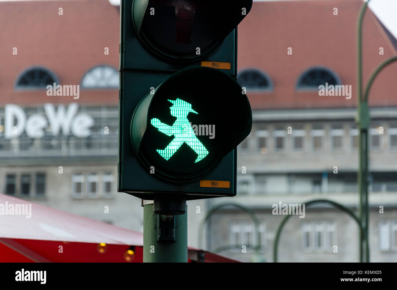 East German green Ampelmännchen, little traffic light men, Ampelmann, pedestrian signals symbol, Berlin, Germany Stock Photo