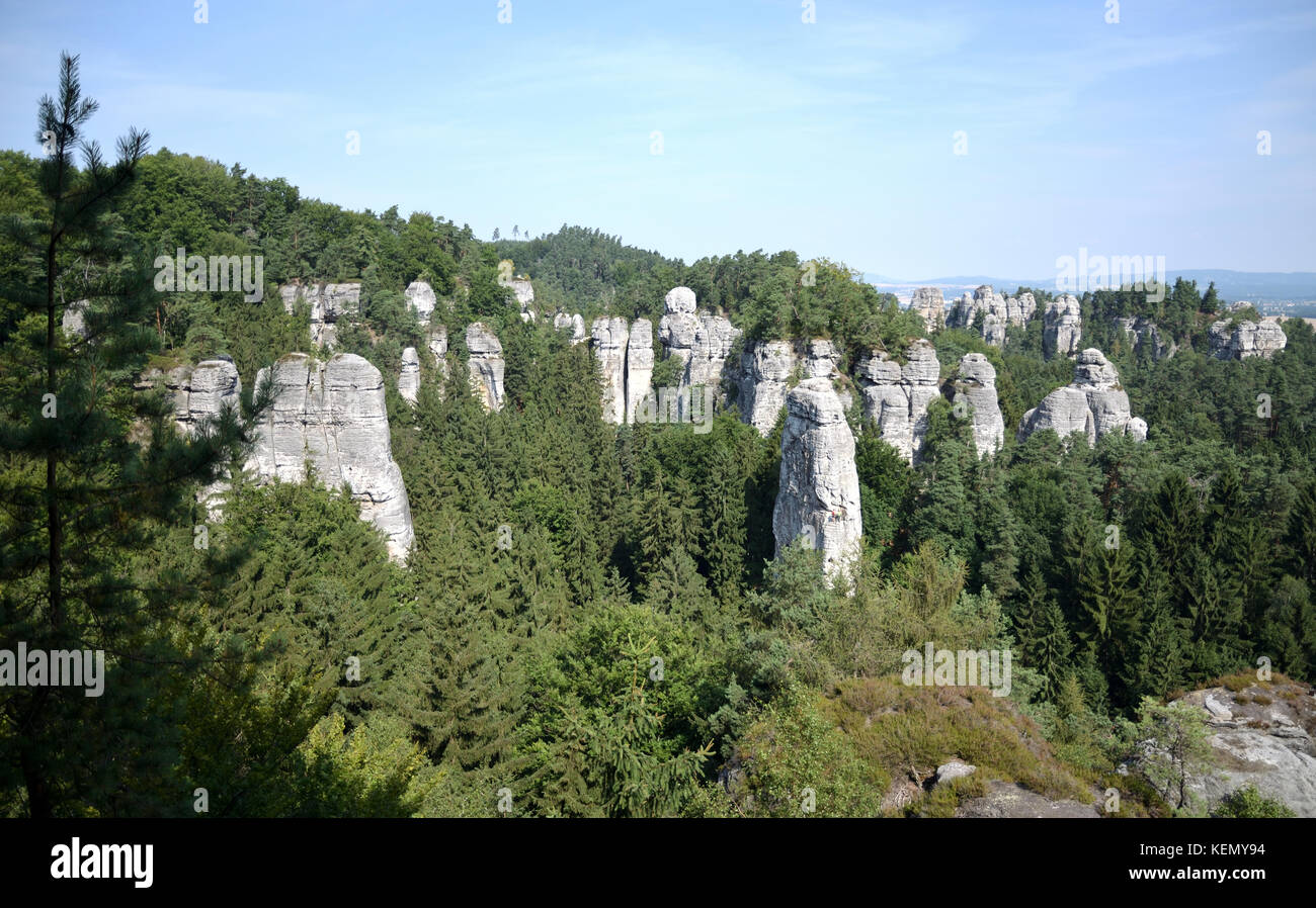 View of the high rock surrounded by a dense forest under a blue sky in ...