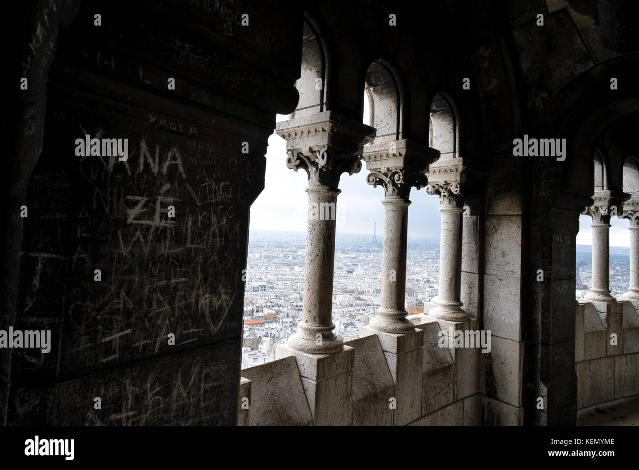 view from the top of Basilique du Sacre Coeur in Montmartre,Paris. With grafitti on the wall Stock Photo