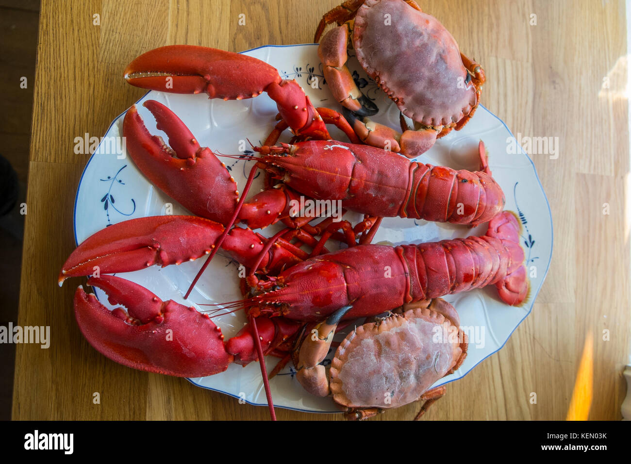 Two lobsters and two crabs on a plate Stock Photo