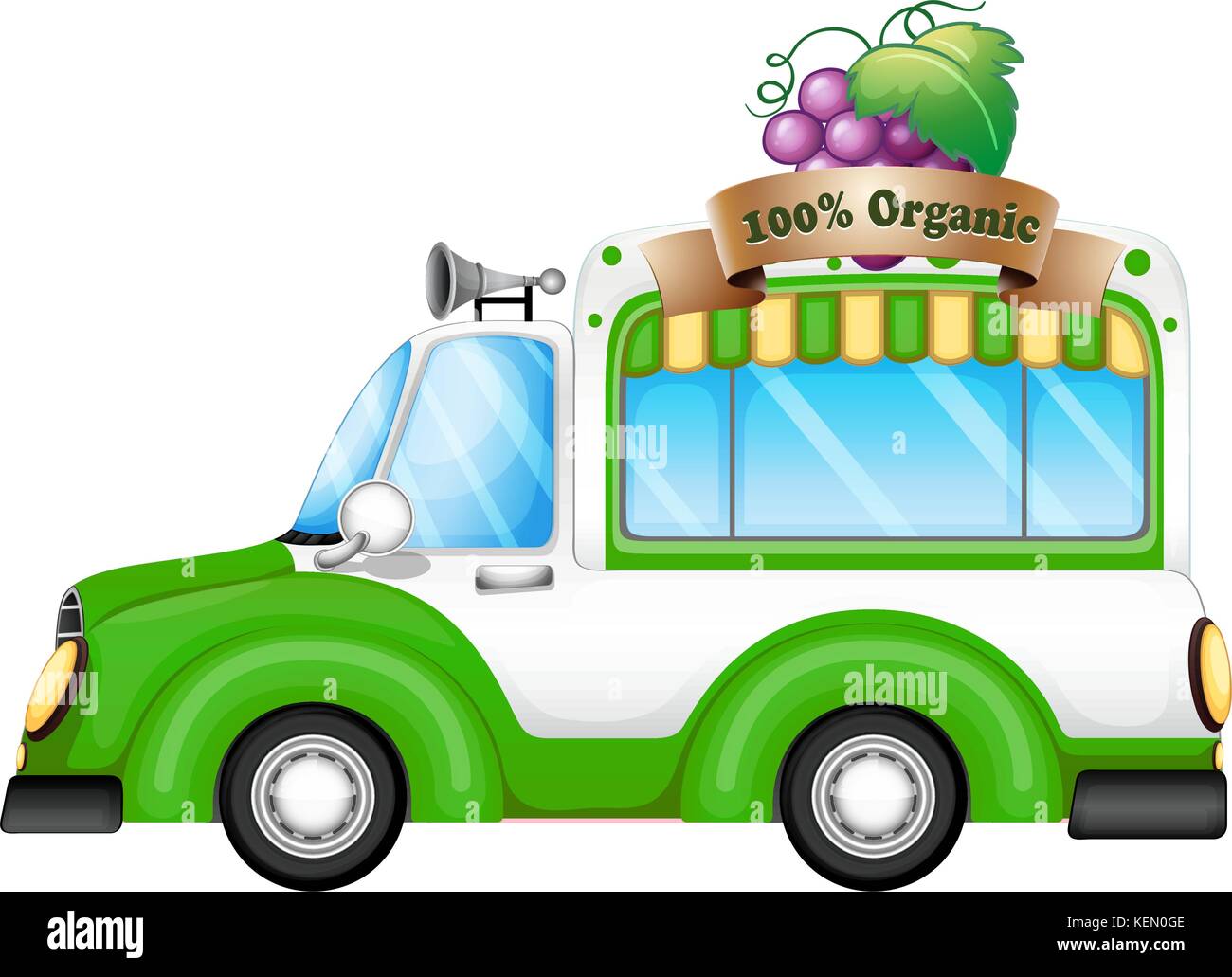 Illustration of a green vehicle selling organic fruits on a white background Stock Vector