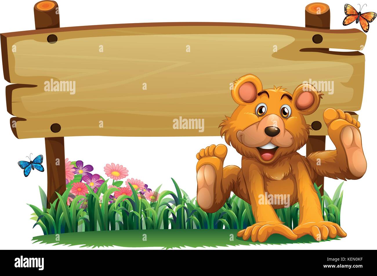 Illustration of a playful bear near the empty wooden signboard on a ...