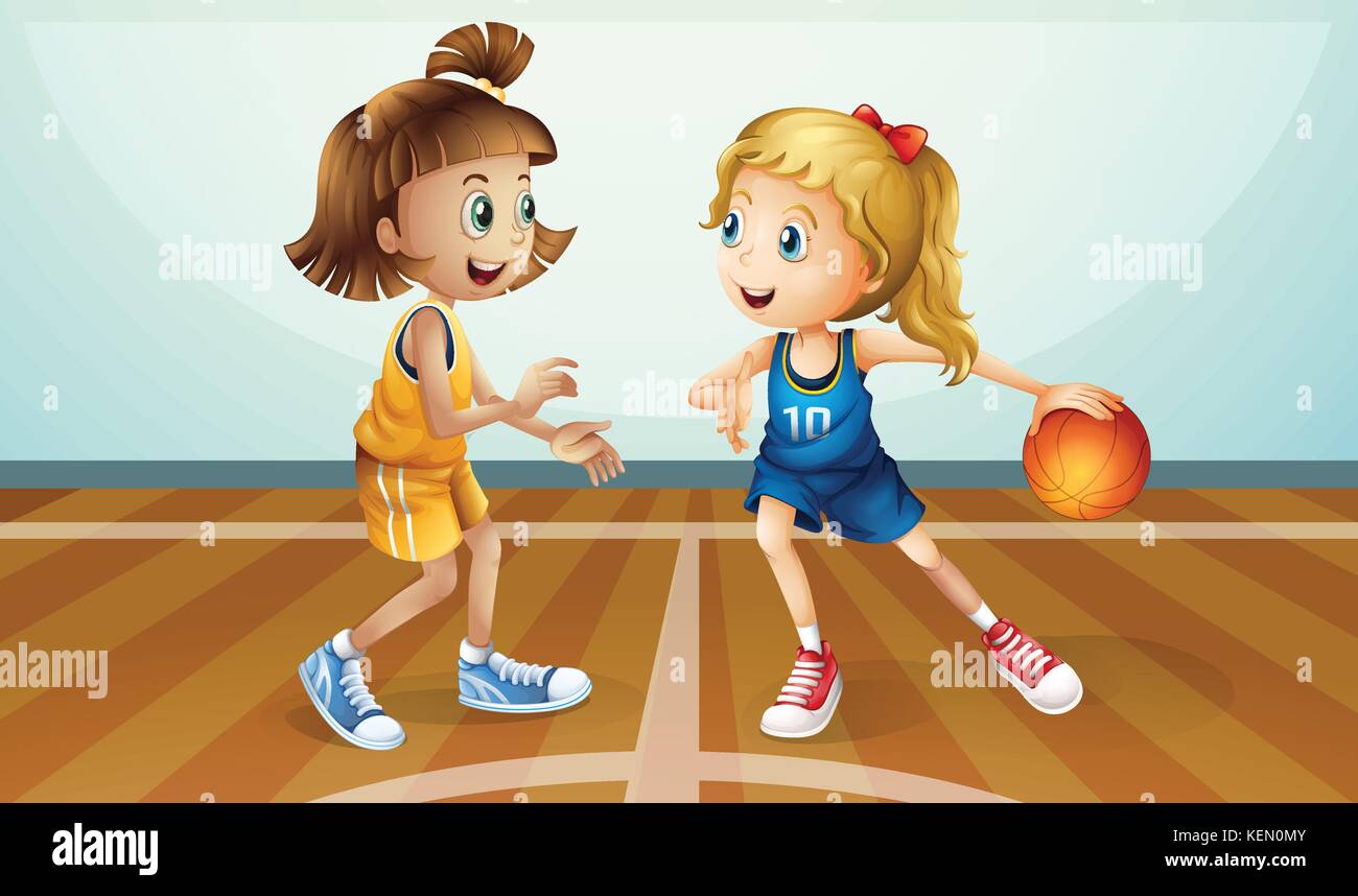 Illustration of the two young ladies playing basketball Stock Vector