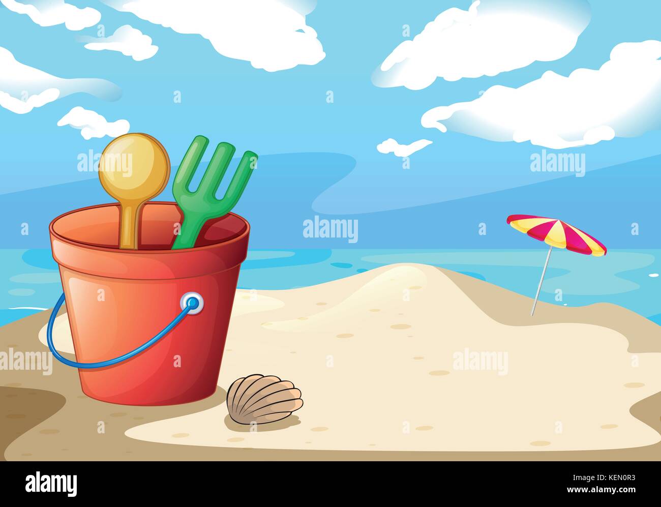 Illustration of a bucket of toys on the beach Stock Vector Image & Art