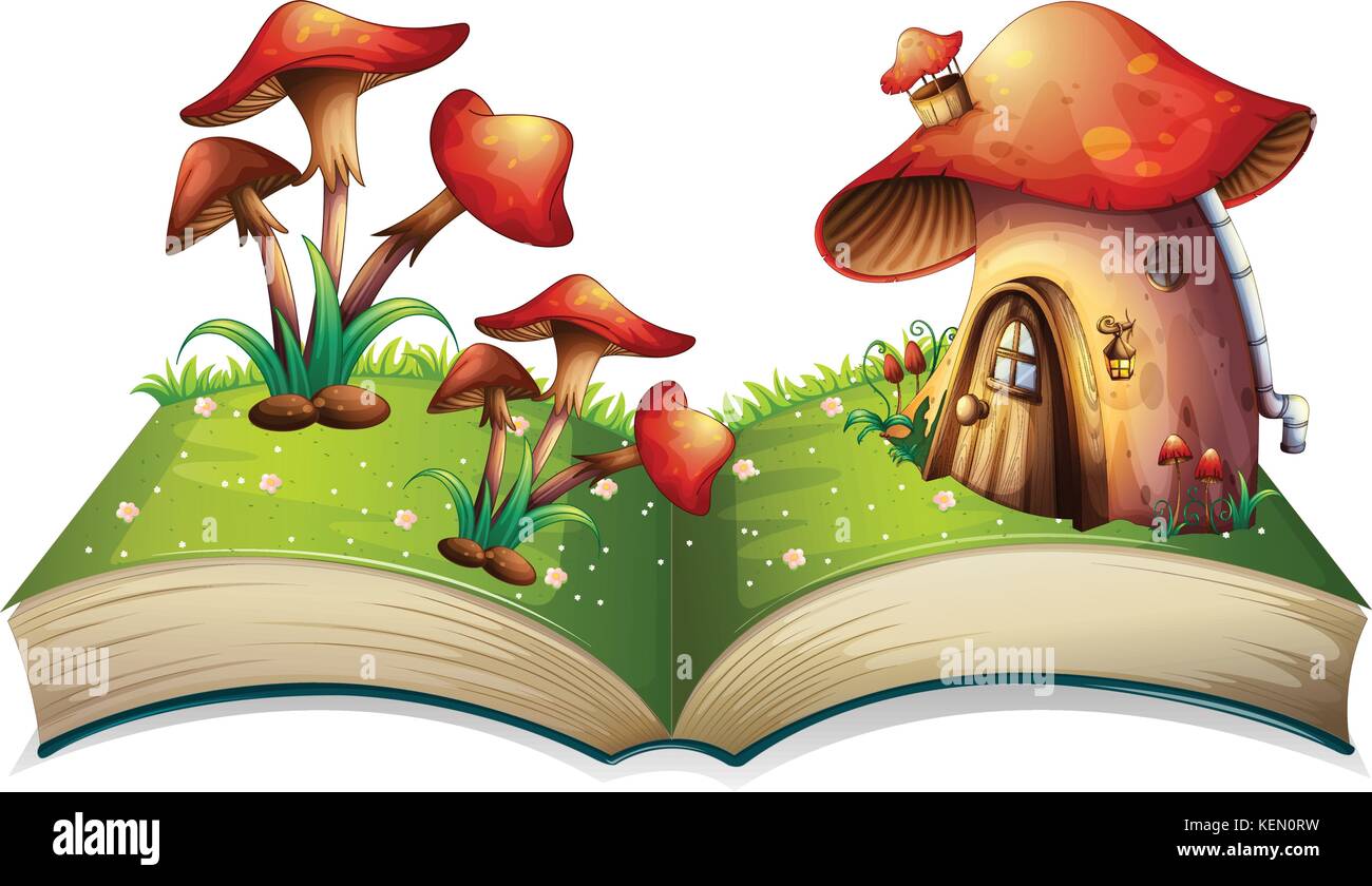 Illustration of a popup book with mushroom house Stock Vector