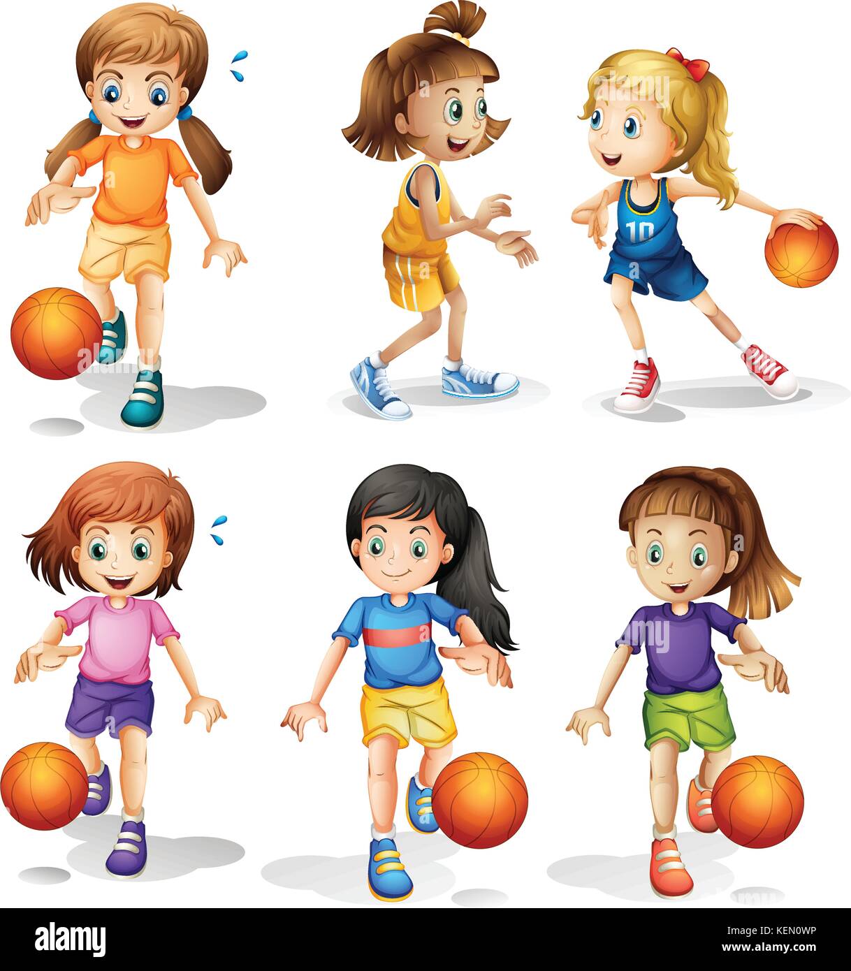 Illustration of the little female basketball players on a white background Stock Vector