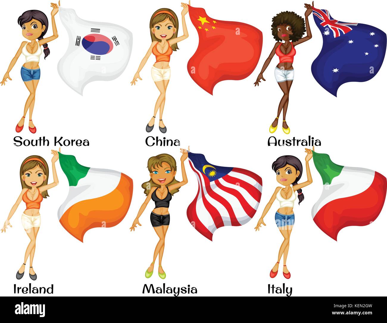 Illustration of girls holding flags Stock Vector Image & Art Alamy