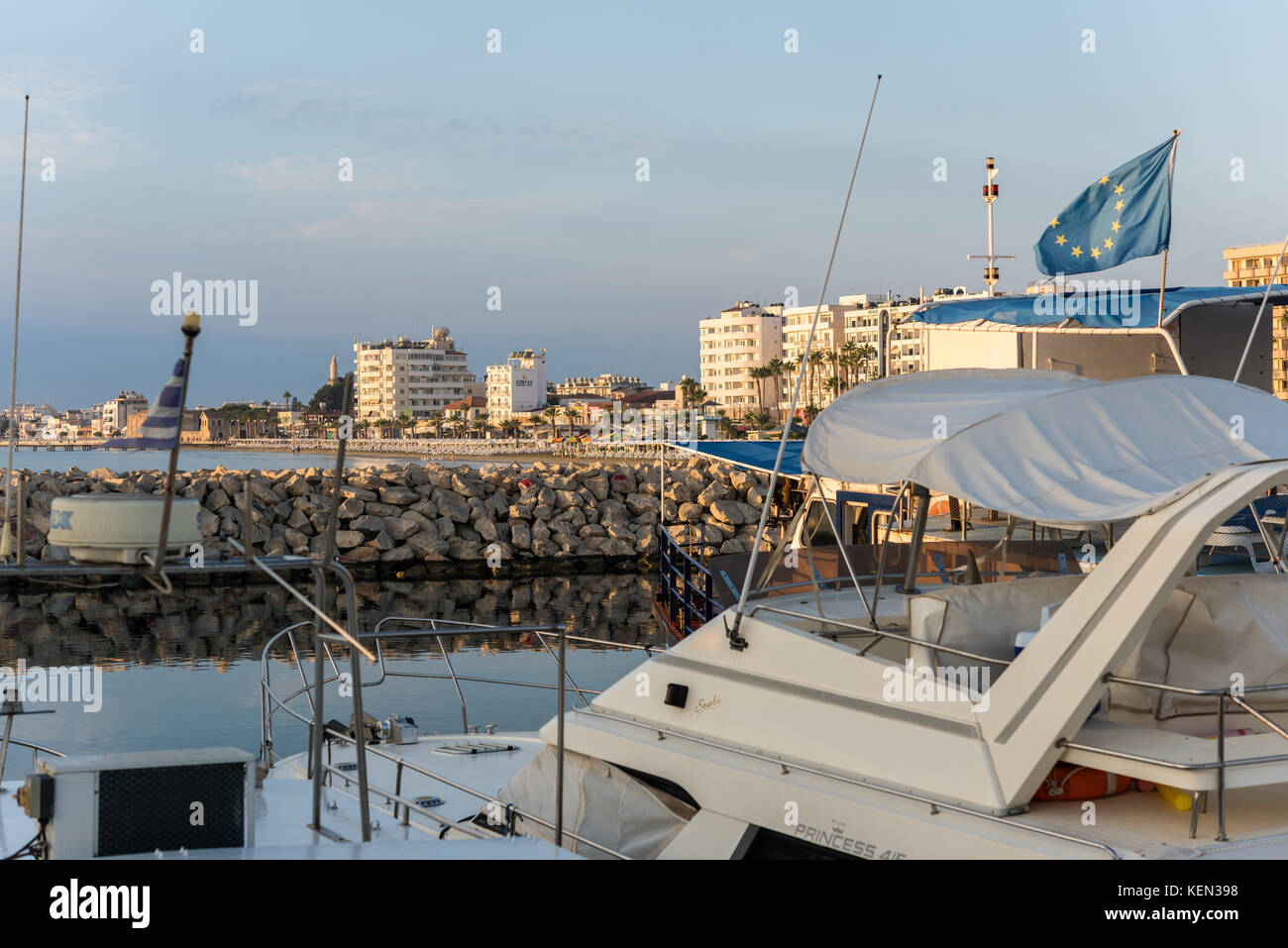 Picture of Larnaca Marina in early morning blue sky and red orange clouds Stock ...