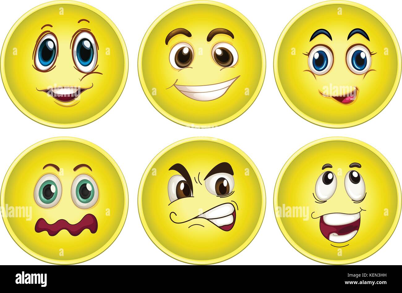 Illustration of yellow faces with different emotions Stock Vector Image