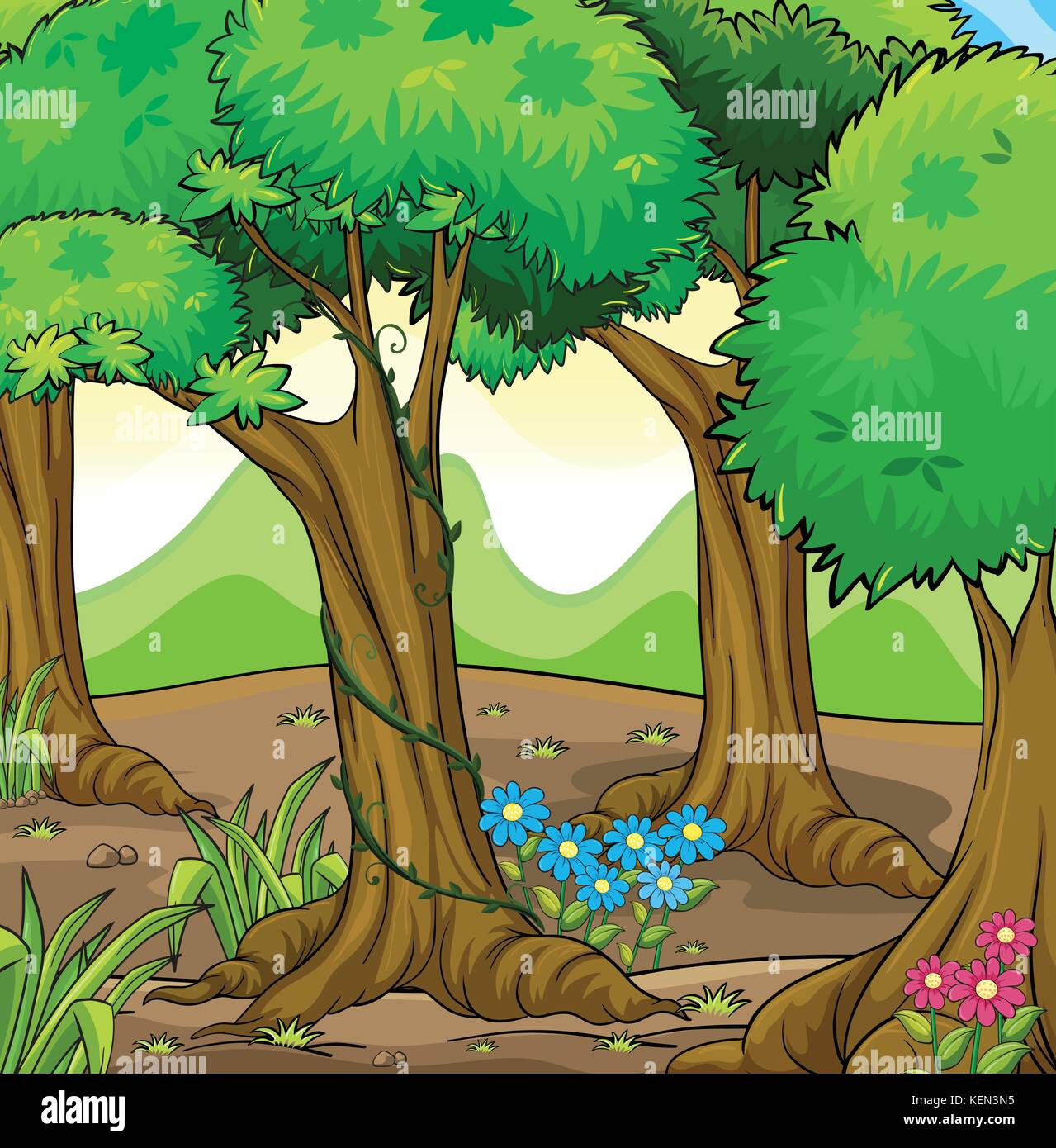 Forest scene trees flowers illustration hi-res stock photography and ...